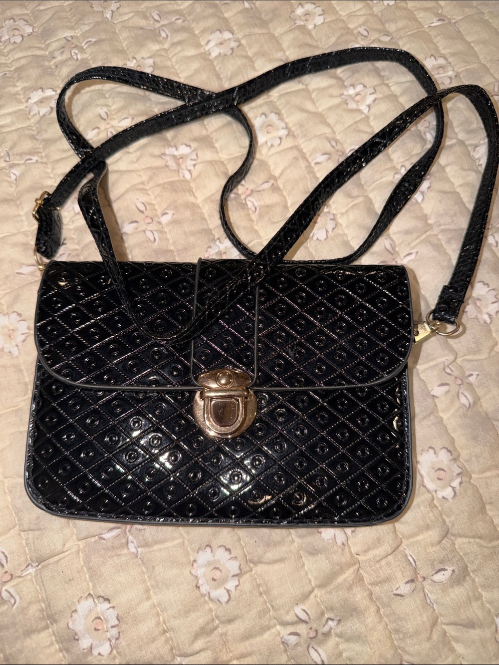 Black Quilted Patent Crossbody Bag with Gold Turn-Lock